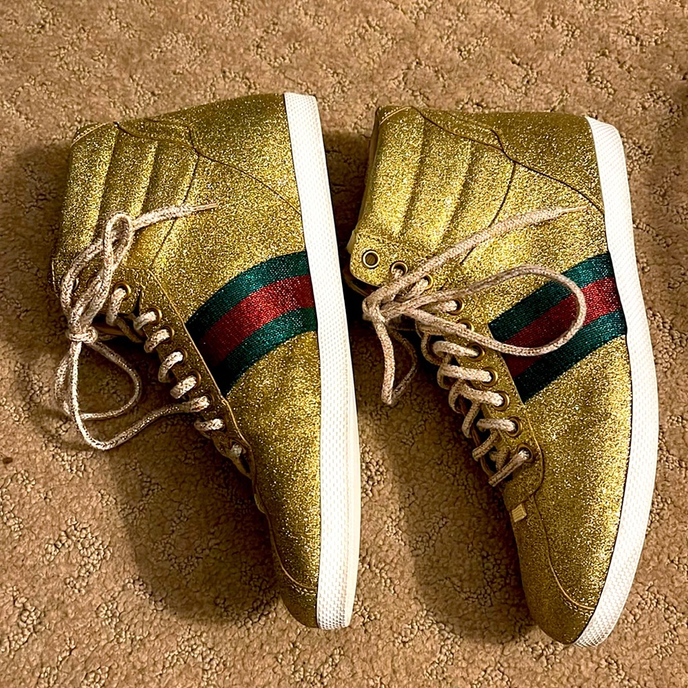 Gucci Gold Glitter High-Top Sneakers with Green and Red Stripe